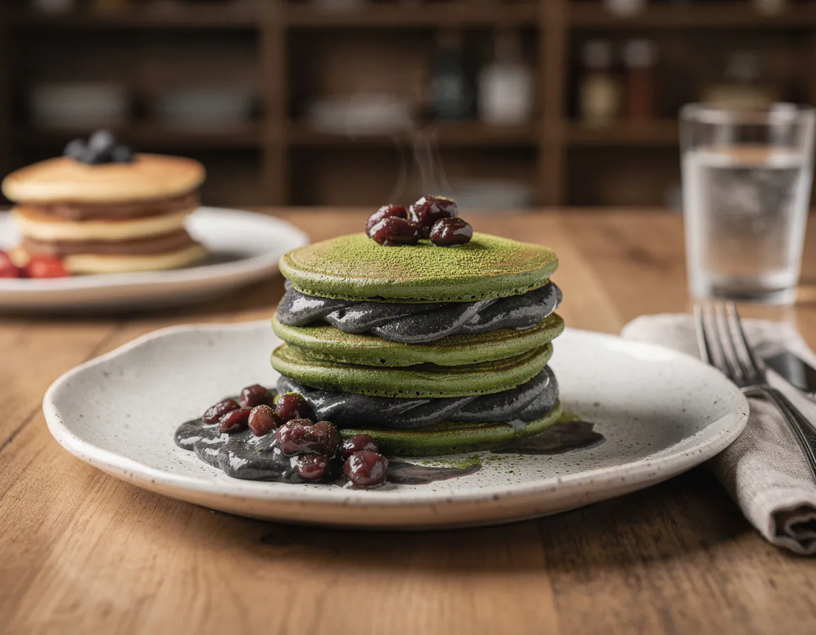 Golden corn pancakes topped with sliced avocado, lime crema and a drizzle of chipotle honey