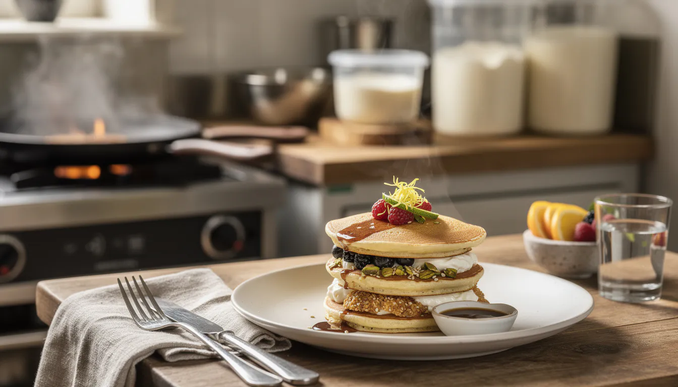 Stack of golden pancakes topped with fresh berries and a drizzle of syrup, warm kitchen light