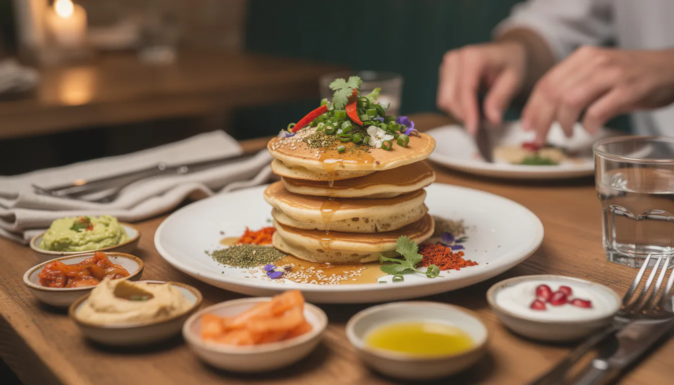 Coconut rice pancakes topped with green mango salad, peanuts and sweet chilli sauce