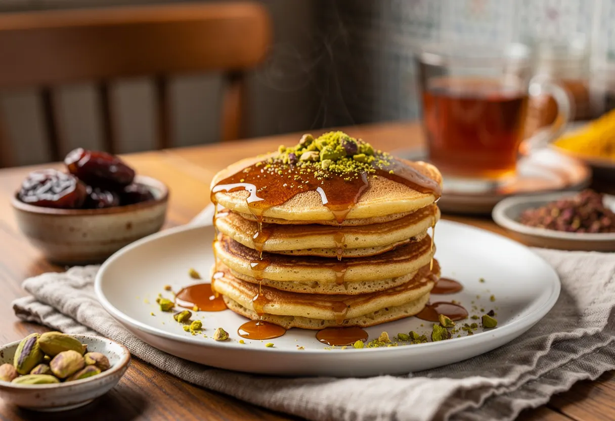 Semolina pancakes glazed with date syrup, orange blossom and crushed pistachios
