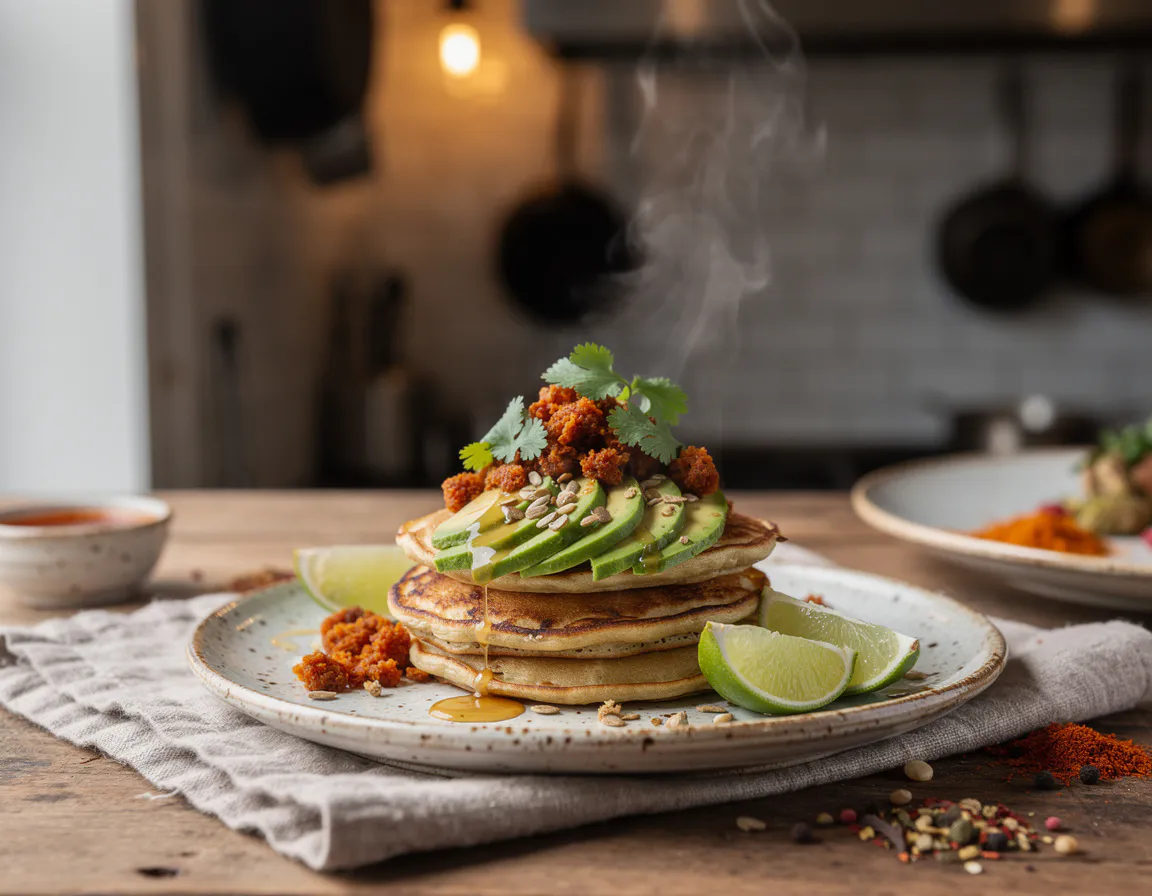 Golden corn pancakes topped with sliced avocado, lime crema and a drizzle of chipotle honey
