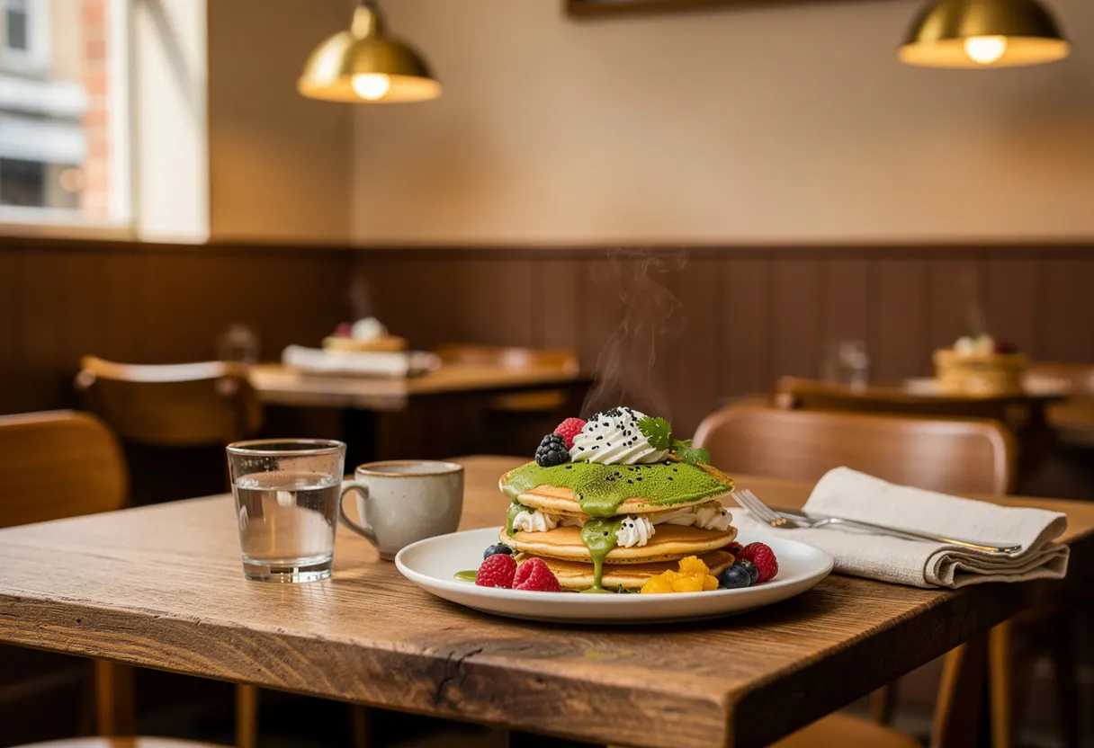 Stack of golden pancakes topped with fresh berries and a drizzle of syrup on a marble table, warm cafe light