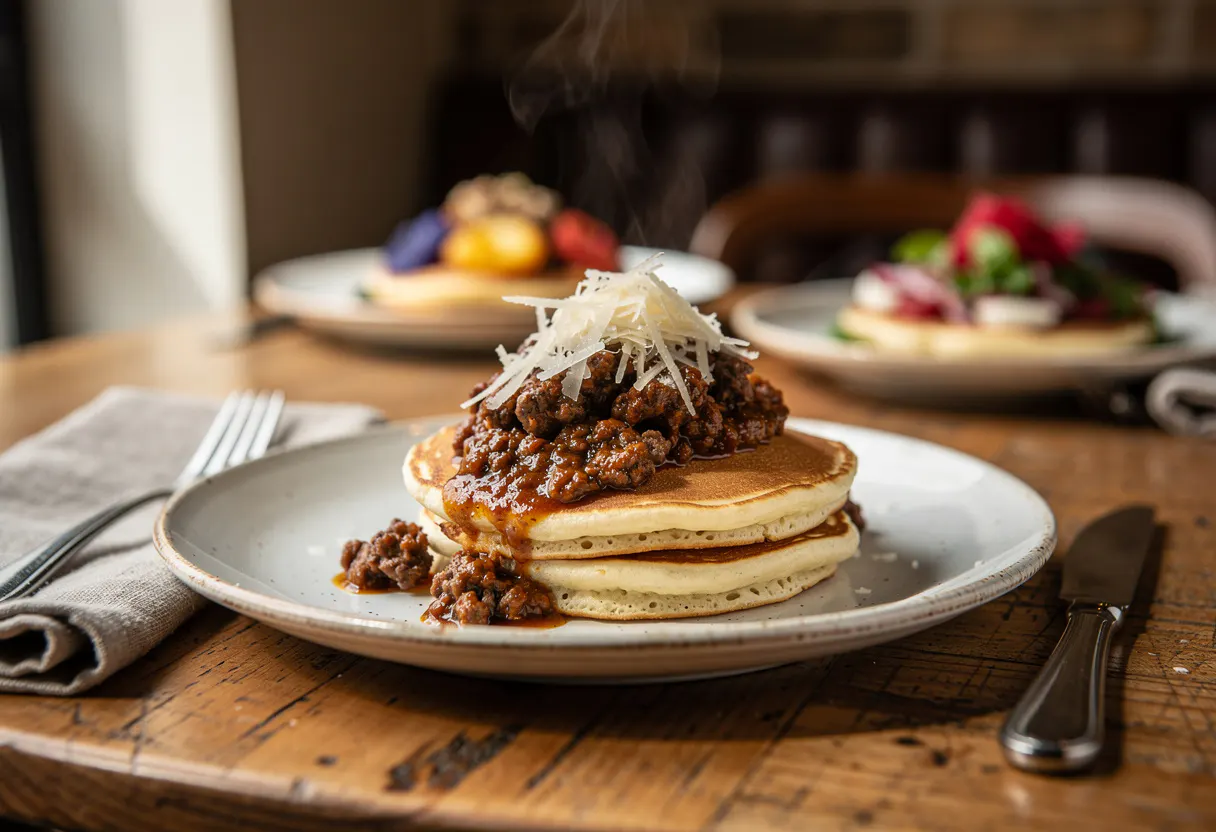 Thick ricotta pancakes topped with slow-braised beef ragu and shaved parmesan