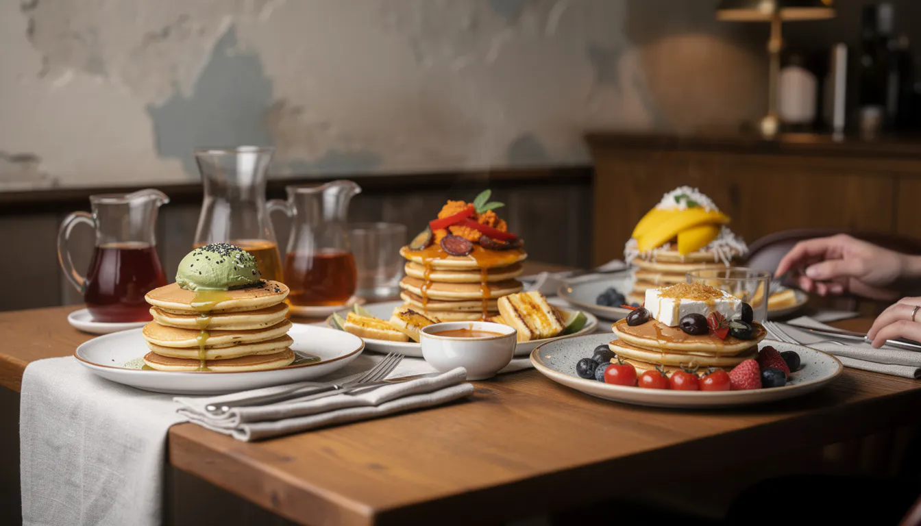 Table set for a group with stacks of pancakes, sharing plates and pitchers of syrup in a warm dining room