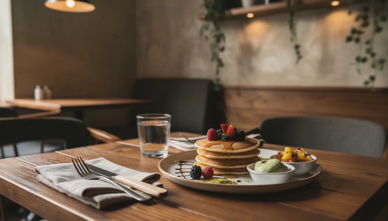 Cardamom-spiced pancakes with a spoon of cloudberry jam and soft whipped cream