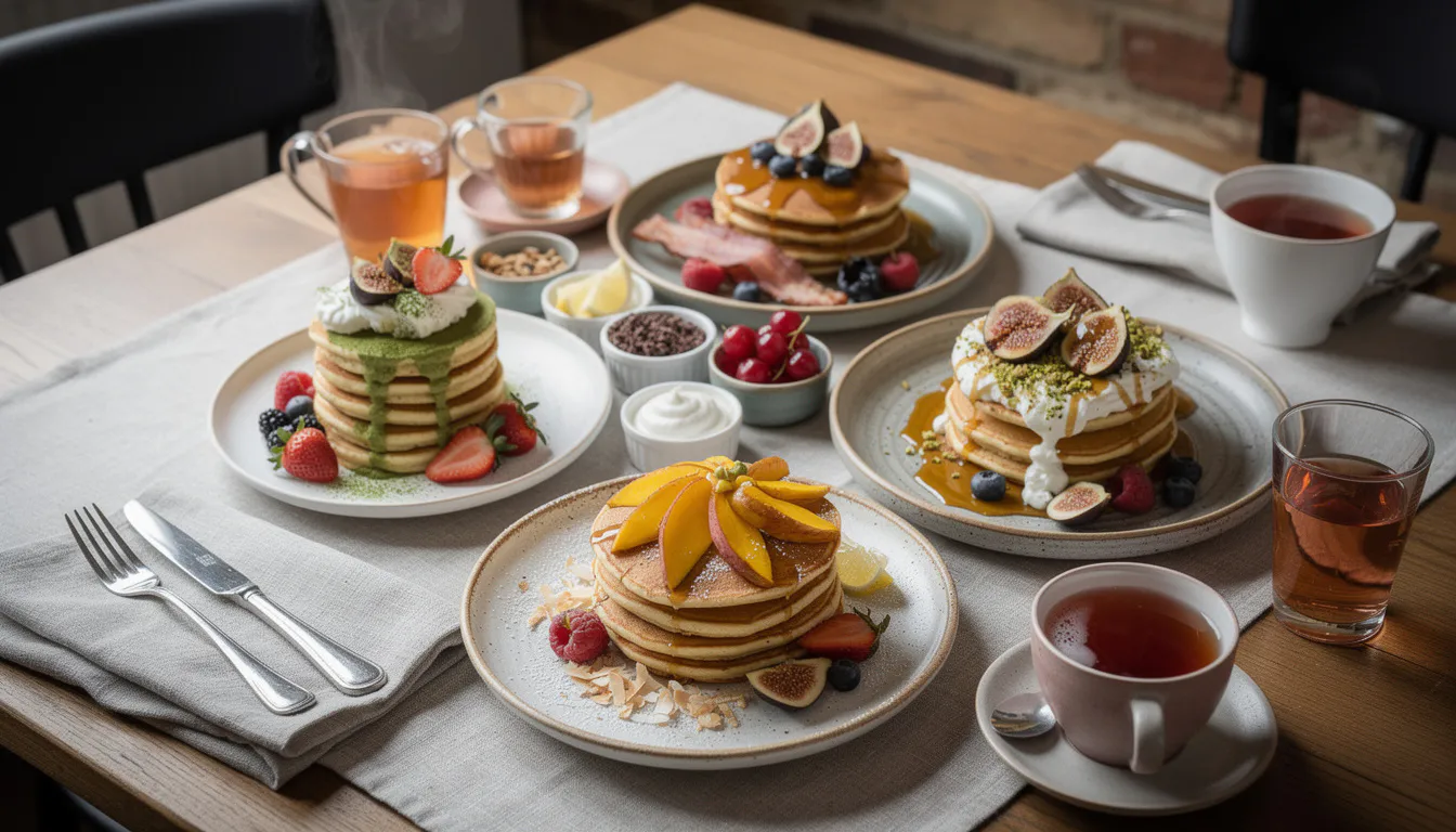 Matcha green pancakes layered with black sesame cream and red adzuki beans
