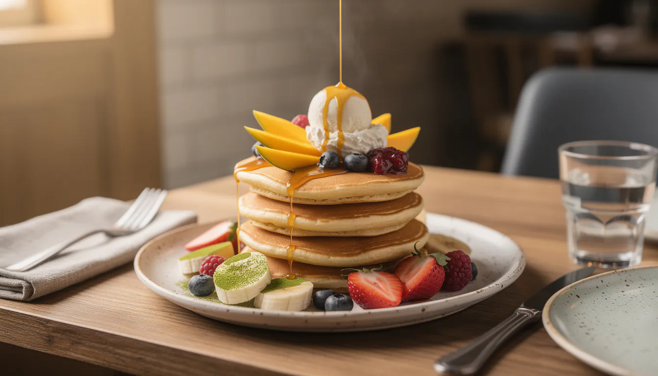 Stack of fluffy pancakes topped with fresh berries, edible flowers and a pour of golden syrup, warm natural light