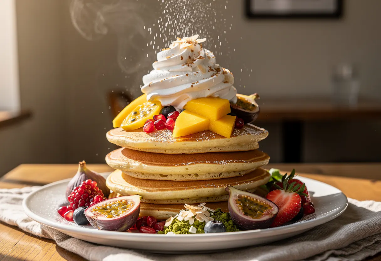 Matcha green pancakes layered with black sesame cream and red adzuki beans