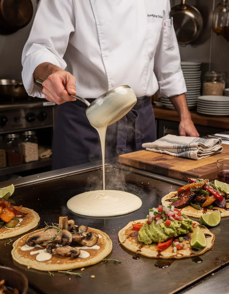 Golden corn pancakes topped with sliced avocado, lime crema and a drizzle of chipotle honey