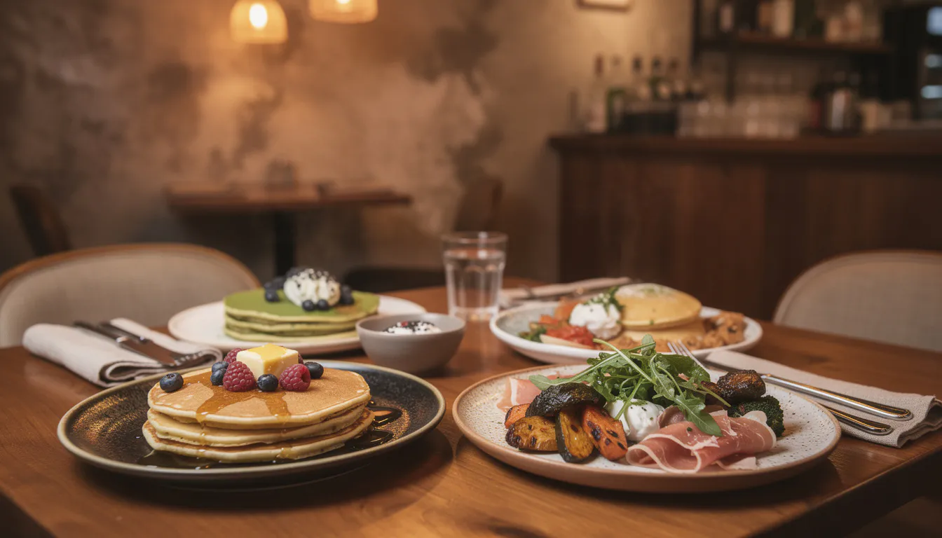 Stack of golden pancakes topped with fresh berries and a dusting of sugar, warm candlelit table