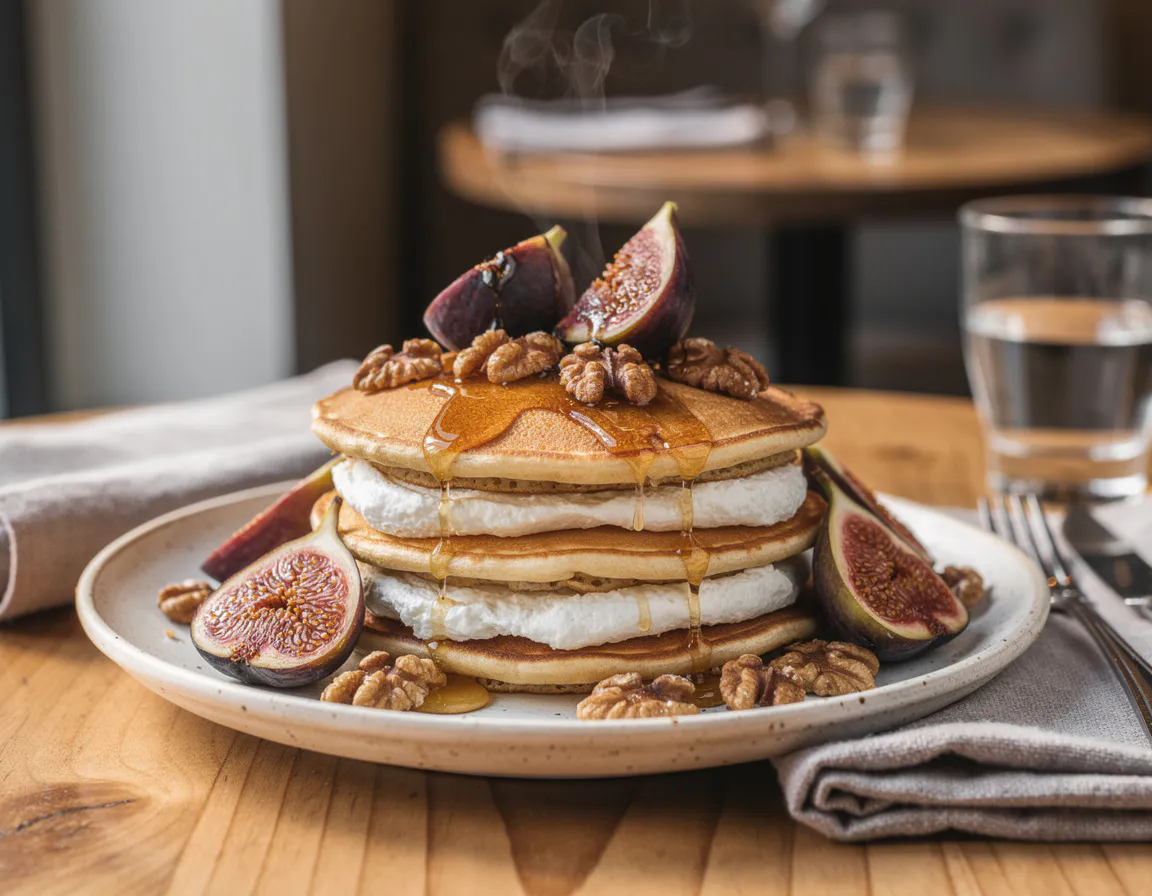 Yogurt pancakes topped with honey, walnuts and a golden baklava crumble