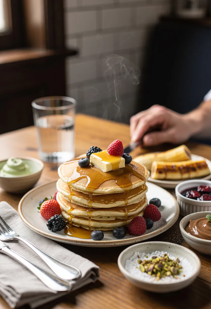 Tall stack of golden pancakes drizzled with syrup and scattered with fresh fruit, warm morning light