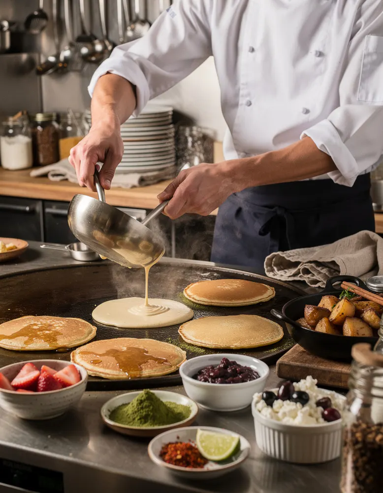 Chef pouring batter onto a hot griddle in a warm, tiled pancake kitchen
