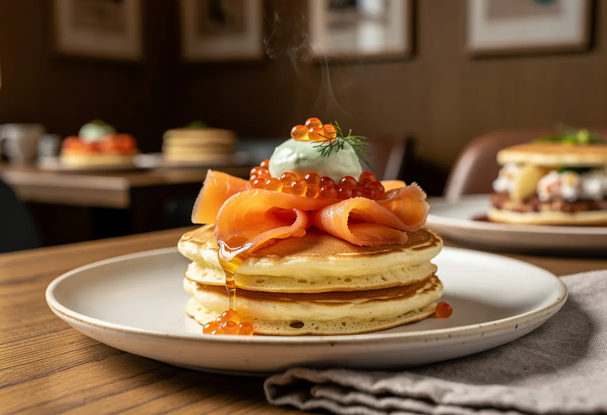 Buttermilk pancakes topped with smoked salmon, dill creme fraiche and salmon roe