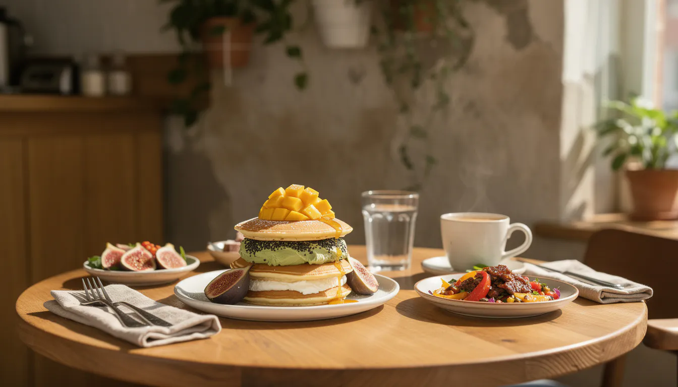 Warm pancake house interior with wooden tables, hanging plants and soft morning light through tall windows