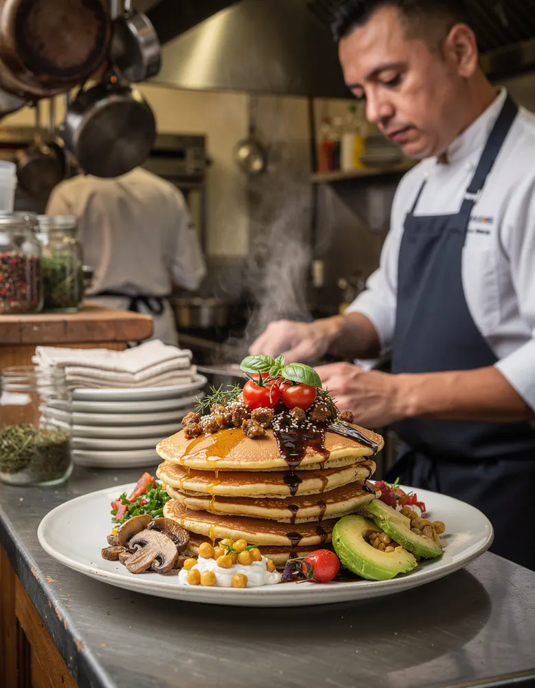 Chef ladling pancake batter onto a hot griddle in a warm tiled kitchen