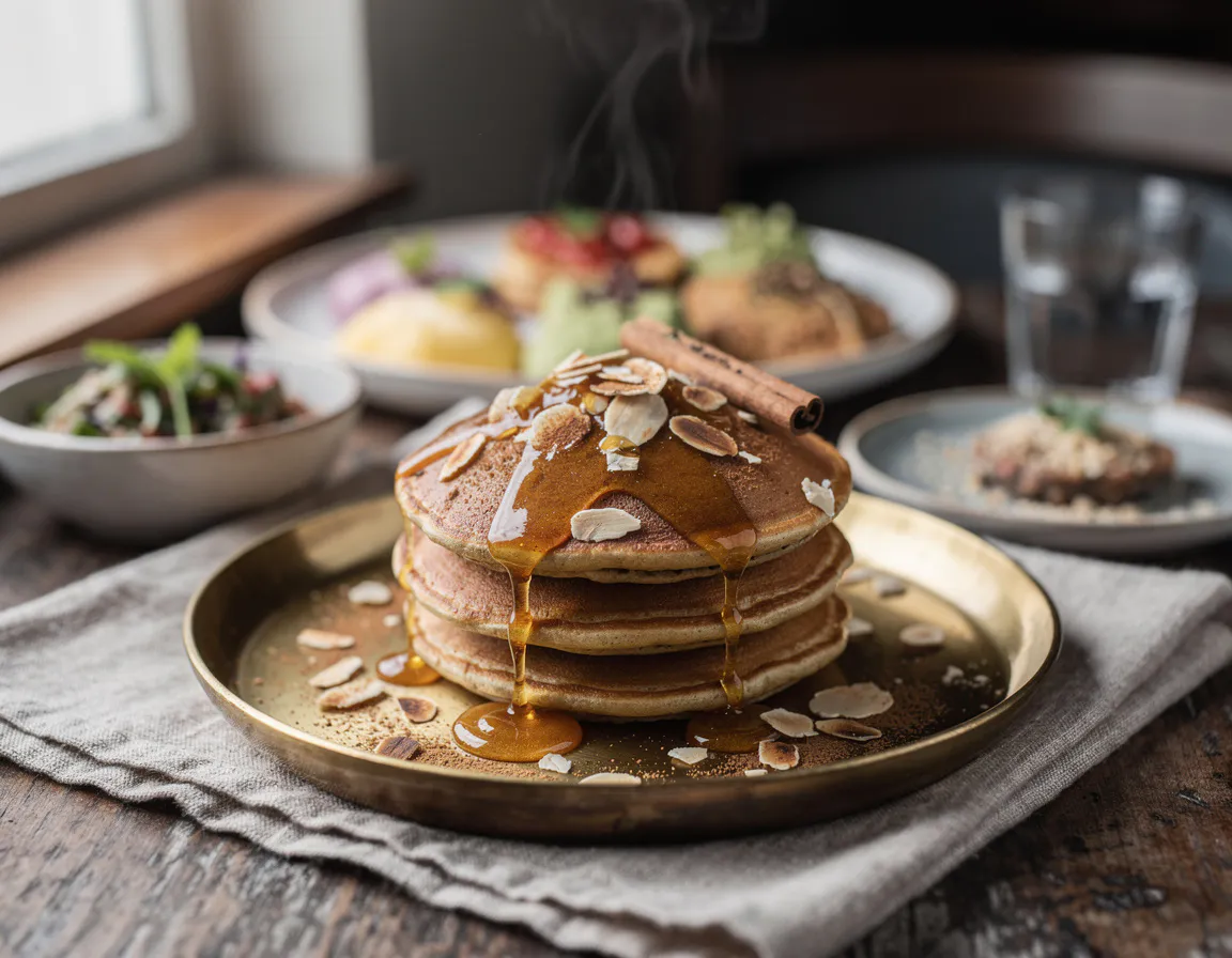 Matcha green pancakes layered with black sesame cream and red adzuki beans