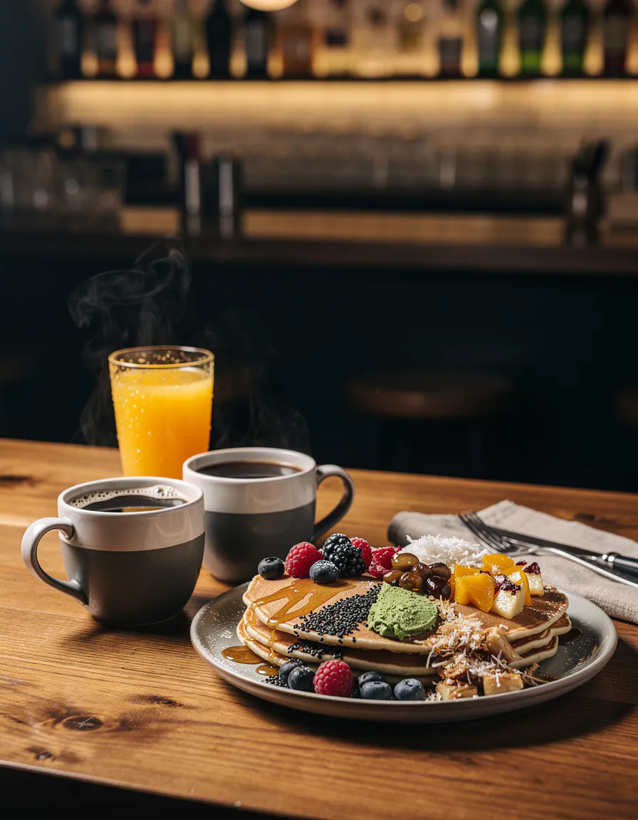 Two cups of filter coffee and a glass of fresh orange juice on a warm wooden table beside a plate of pancakes