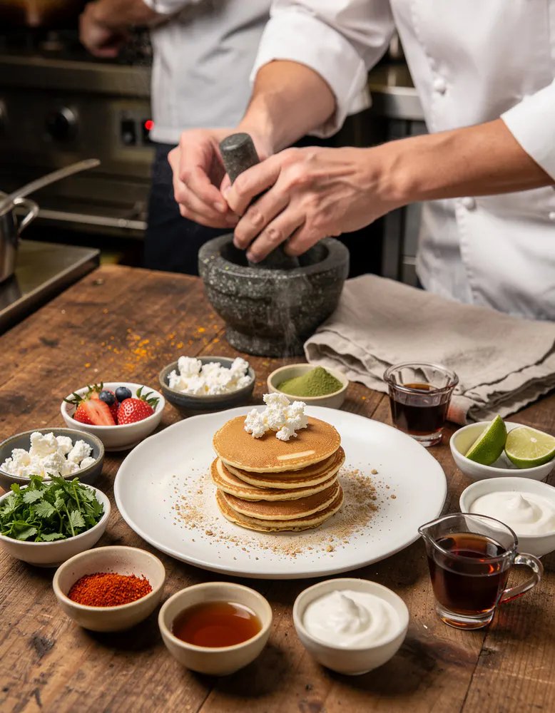 Close up of a cook flipping a golden pancake on a cast iron griddle, steam rising